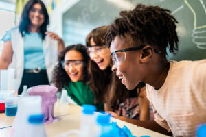 Students doing an experiment on classroom on school