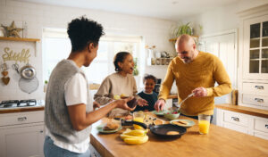 Family making pancakes for breakfast
